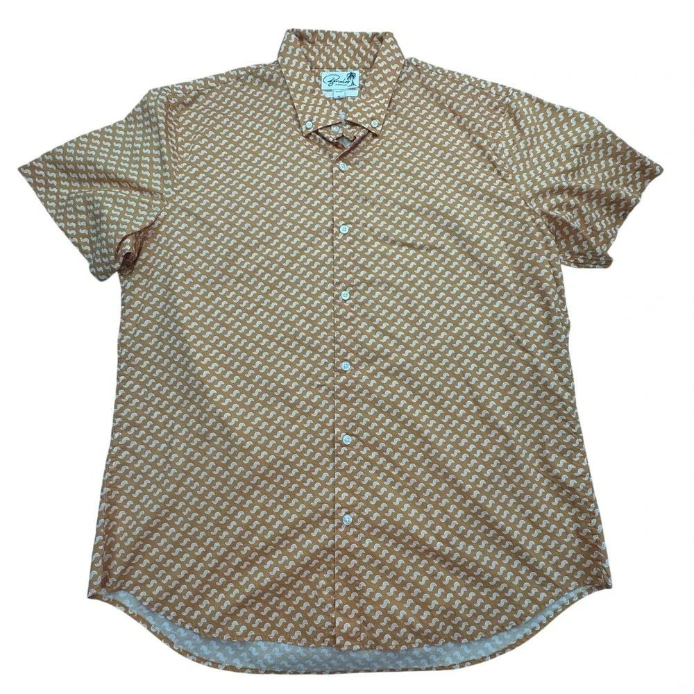 Bonobos Shirt Mens XL Brown White Wave Print Short Sleeve Button Down Slim Fit